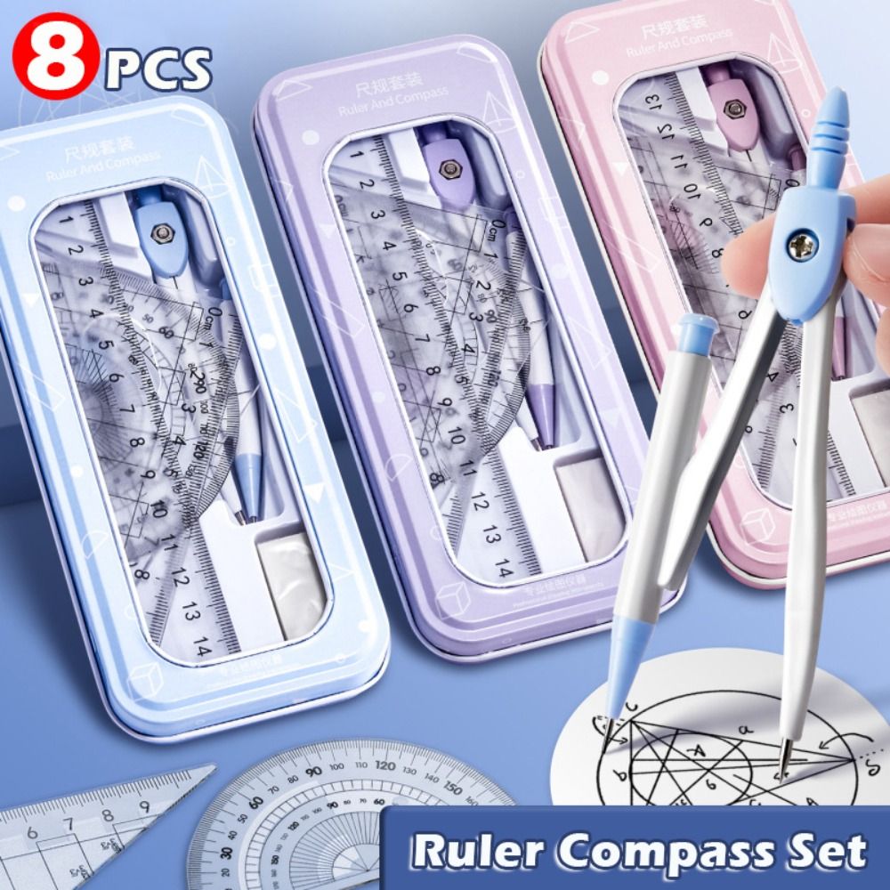 Ruler Set Transparent - 8PCS/Set Plastic Ruler Compasses Set Eraser