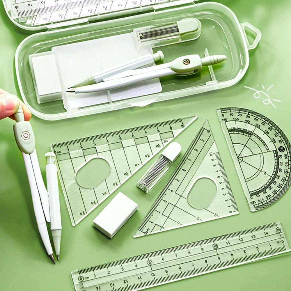 Ruler Set Transparent - 8PCS/Set Plastic Ruler Compasses Set Eraser